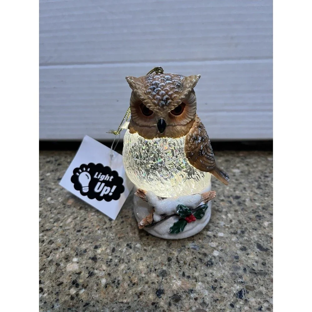 OWL GLITTER GLOBE Christmas Tree Ornaments  Lights Up